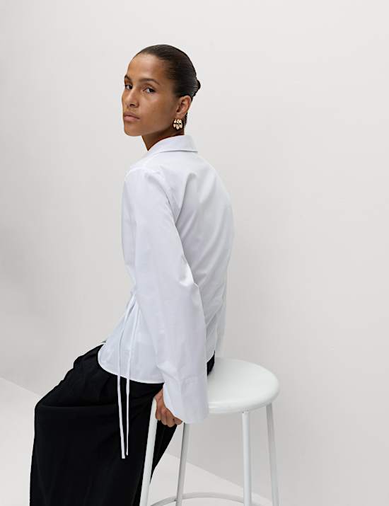 Pure Cotton V-Neck Tie Detail Wrap Shirt