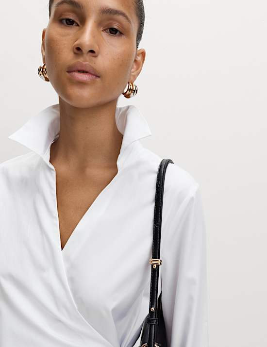 Pure Cotton V-Neck Tie Detail Wrap Shirt
