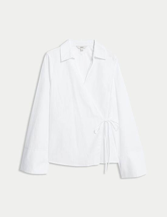 Pure Cotton V-Neck Tie Detail Wrap Shirt