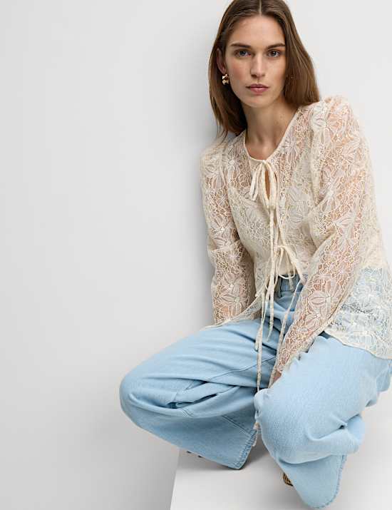 Lace Round Neck Tie Front Blouse