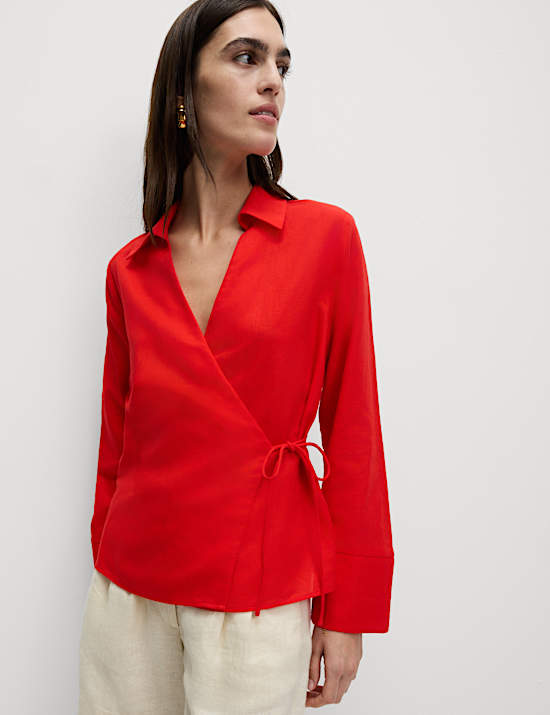 Linen Rich Collared Tie Front Shirt