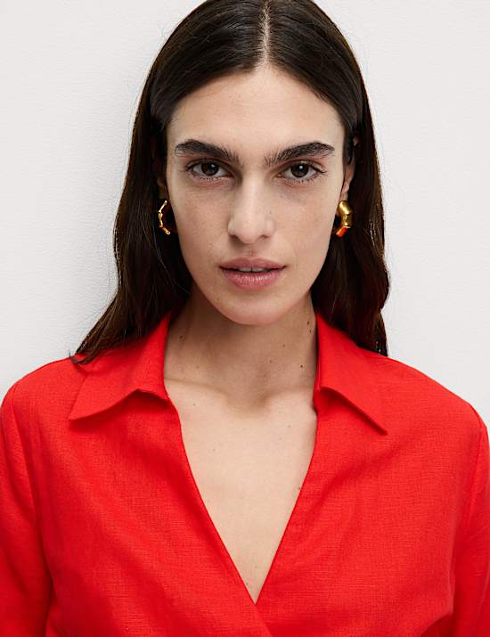 Linen Rich Collared Tie Front Shirt