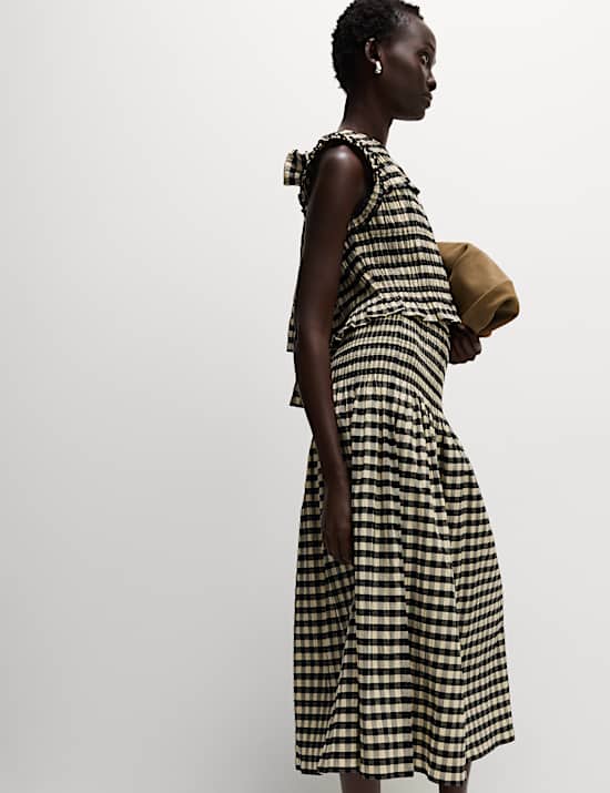 Gesmokte top van katoenmix met ruitmotief