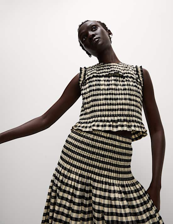 Gesmokte top van katoenmix met ruitmotief