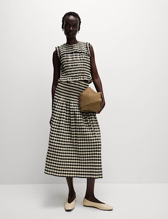 Gesmokte top van katoenmix met ruitmotief