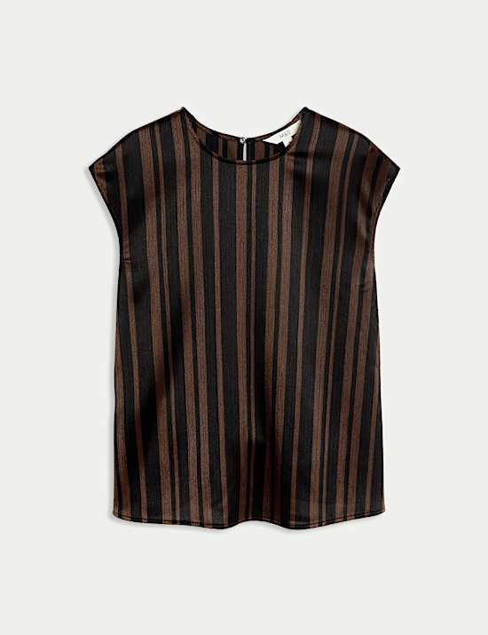 Plisse Striped Round Neck Sleeveless Top