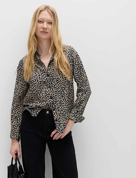 Strukturiertes Langarm-Hemd mit Tierdruck