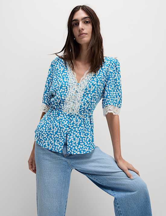 Floral Lace Detail V-Neck Blouse
