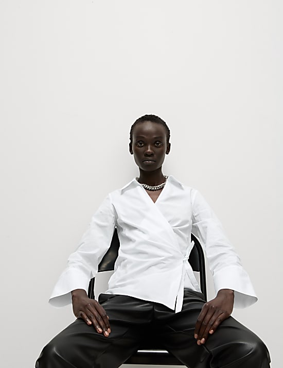 Pure Cotton Collared Tie Front Wrap Shirt