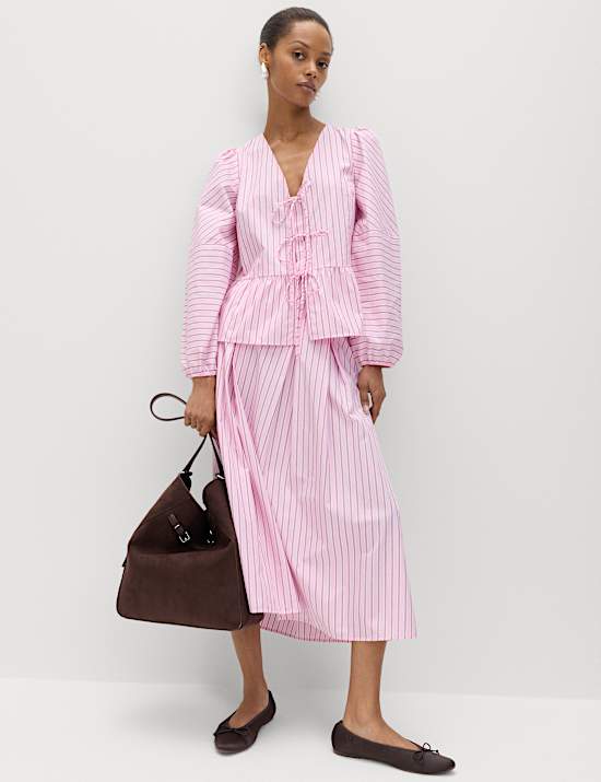 Pure Cotton Striped Tie Front Long Sleeve Blouse