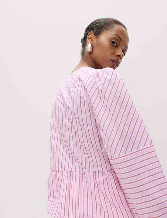 Pure Cotton Striped Tie Front Long Sleeve Blouse