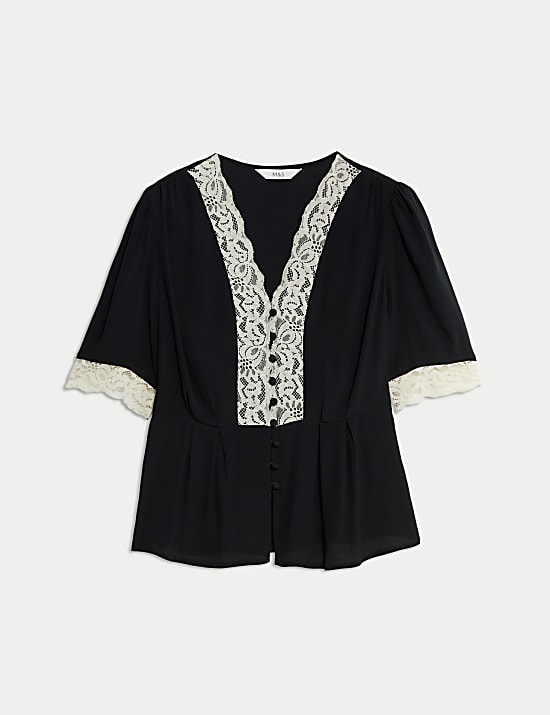 Blouse met V-hals en kanten detail