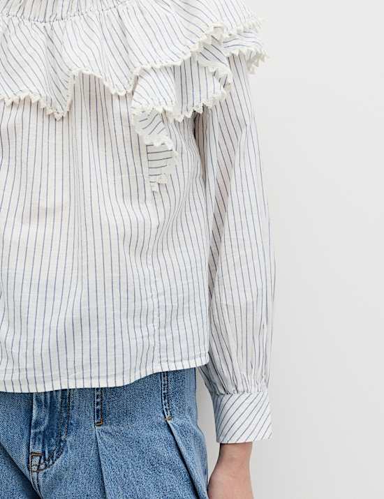 Pure Cotton Striped Lace Detail Blouse