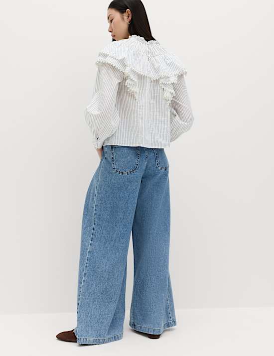 Pure Cotton Striped Lace Detail Blouse