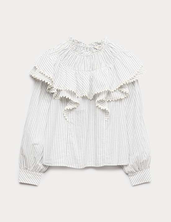 Pure Cotton Striped Lace Detail Blouse