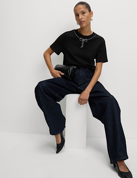 Pure Cotton Bow Embellished T-Shirt