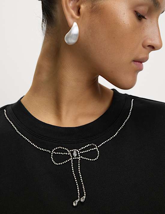 Pure Cotton Bow Embellished T-Shirt