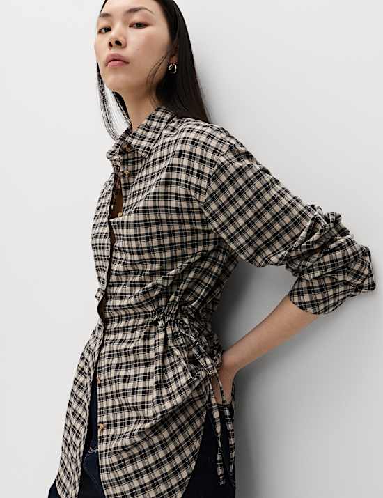 Pure Cotton Checked Drawcord Waist Shirt