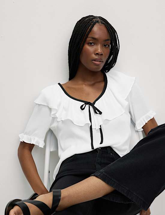 Frill Neck Tie Detail Top