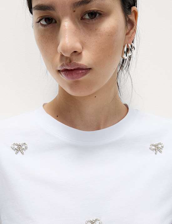 Pure Cotton Bow Detail Embellished Top