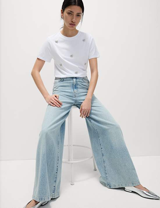 Pure Cotton Bow Detail Embellished Top