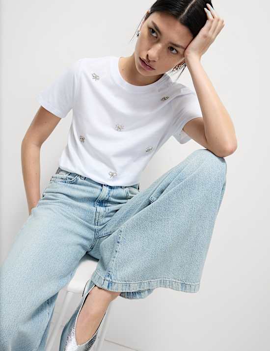 Pure Cotton Bow Detail Embellished Top