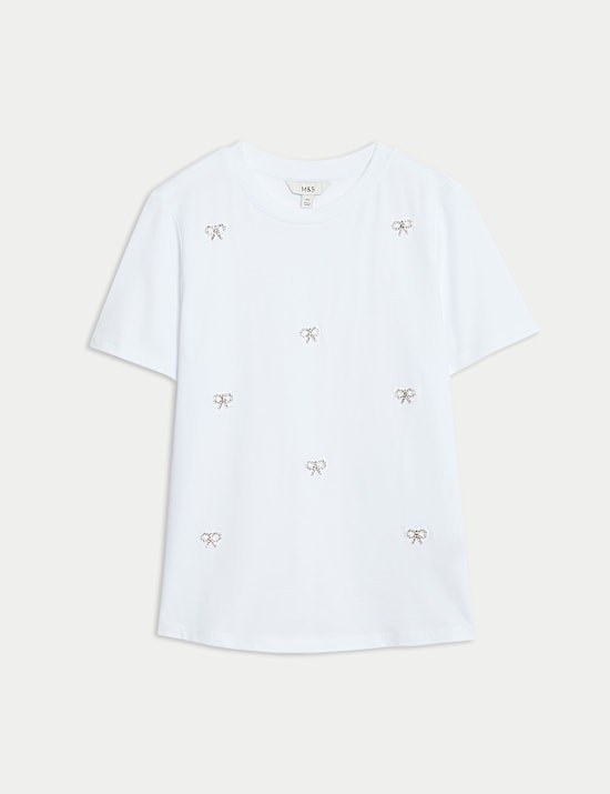 Pure Cotton Bow Detail Embellished Top
