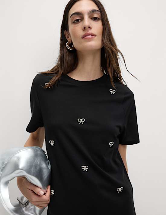 Pure Cotton Bow Detail Embellished Top