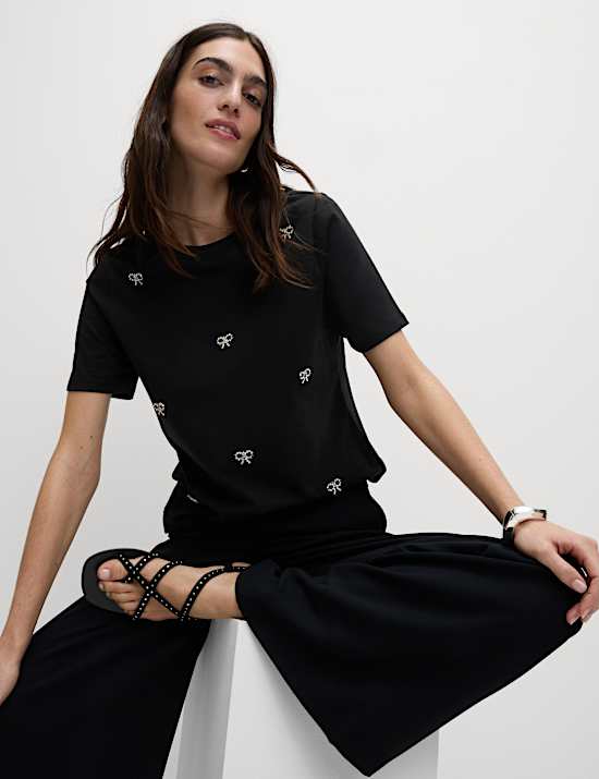 Pure Cotton Bow Detail Embellished Top