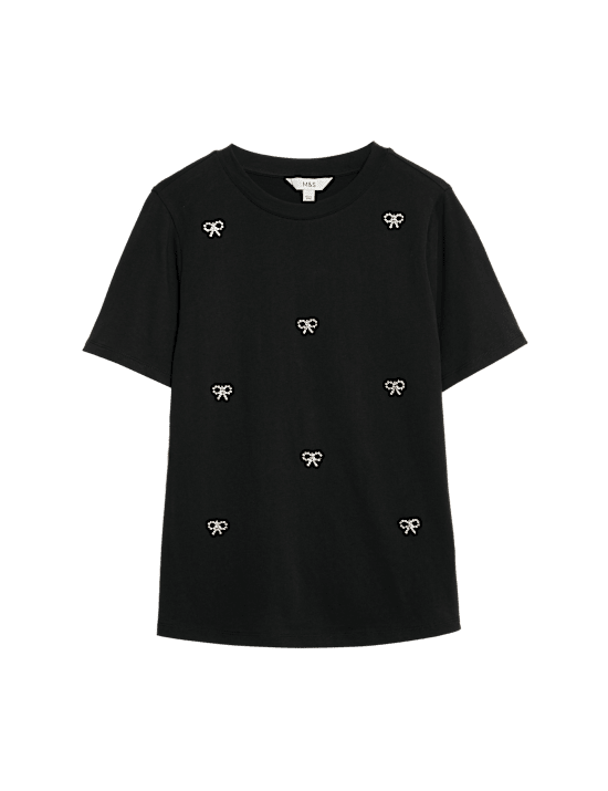 Pure Cotton Bow Detail Embellished Top