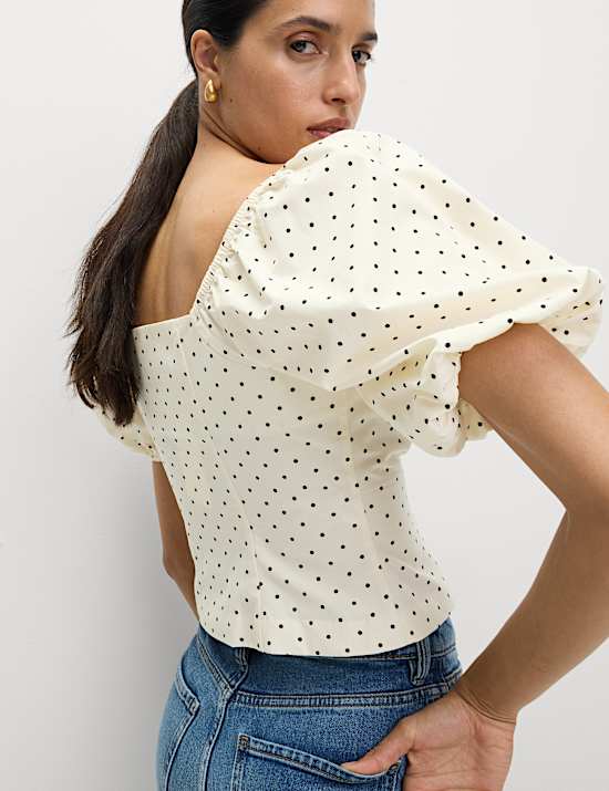 Pure Cotton Square neck Polka Dot Bow Top