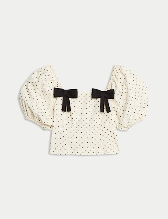 Pure Cotton Square neck Polka Dot Bow Top