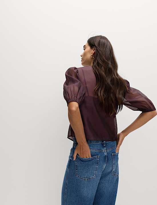 Organza Embellished Button Detail Top