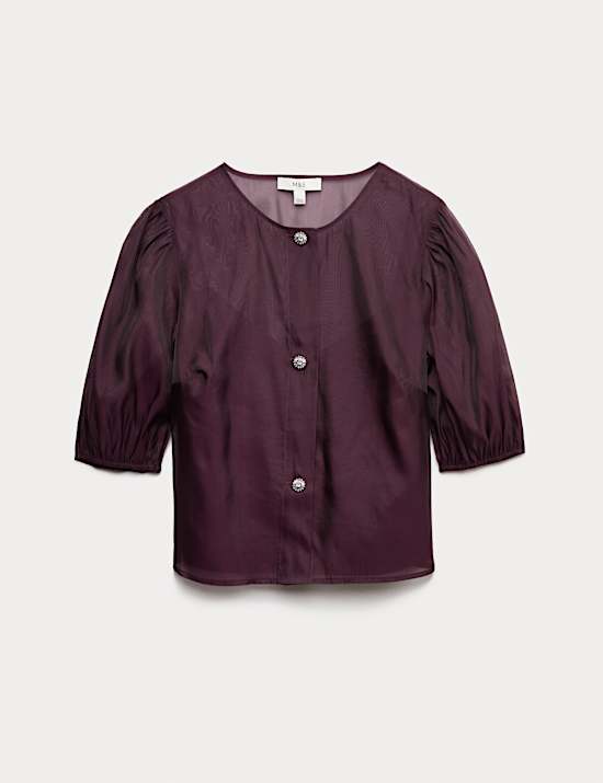 Organza Embellished Button Detail Top