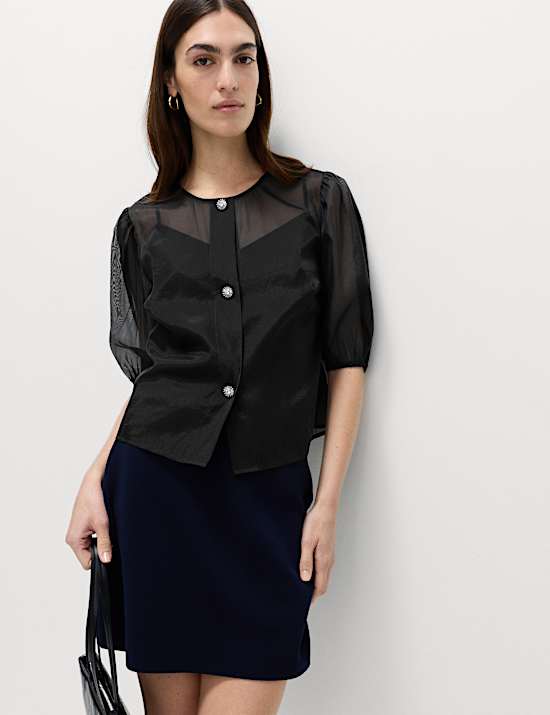 Organza Embellished Button Detail Top