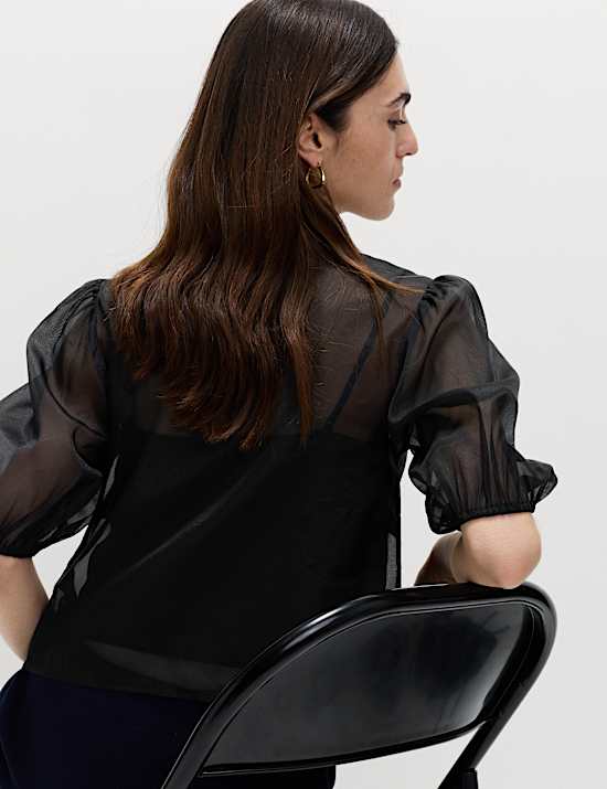 Organza Embellished Button Detail Top