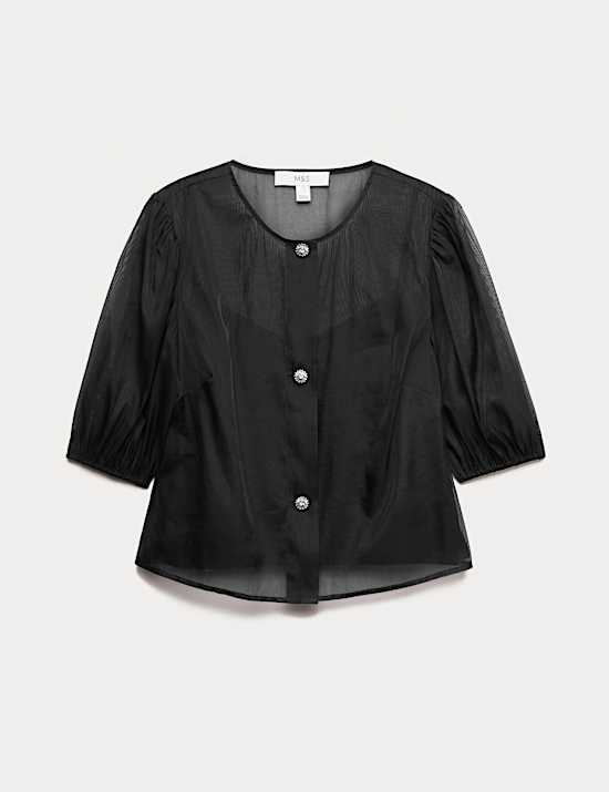 Organza Embellished Button Detail Top