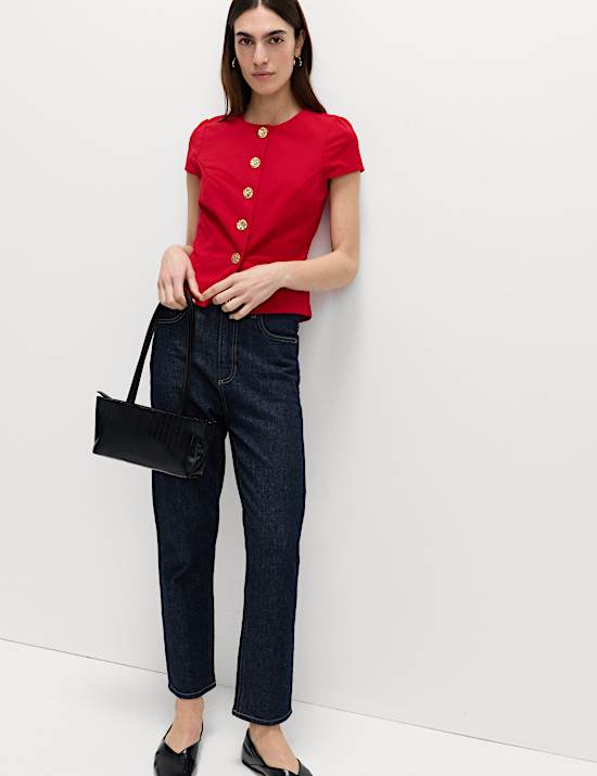 Round Neck Fitted Button Detail Top