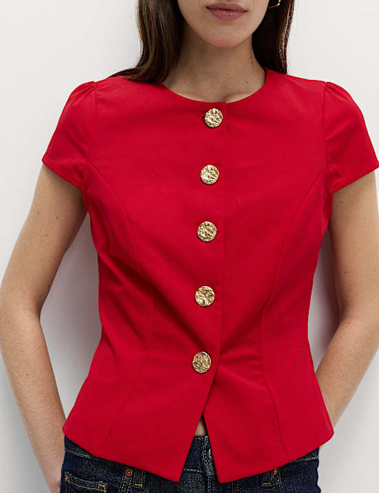 Round Neck Fitted Button Detail Top