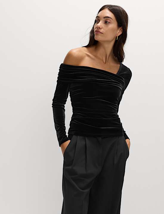 Velvet Asymmetric Neck One Shoulder Top