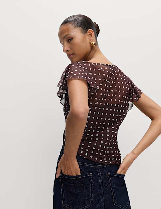 Polka Dot Cowl Neck Frill Sleeve Top