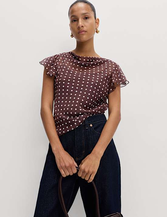 Polka Dot Cowl Neck Frill Sleeve Top