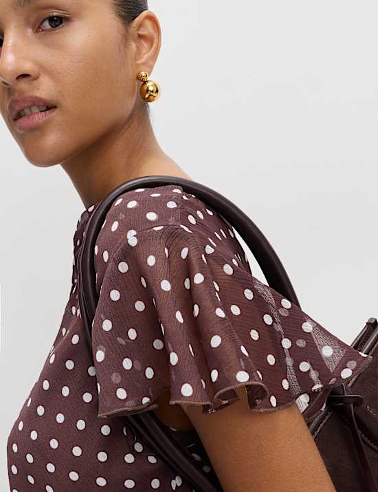 Polka Dot Cowl Neck Frill Sleeve Top