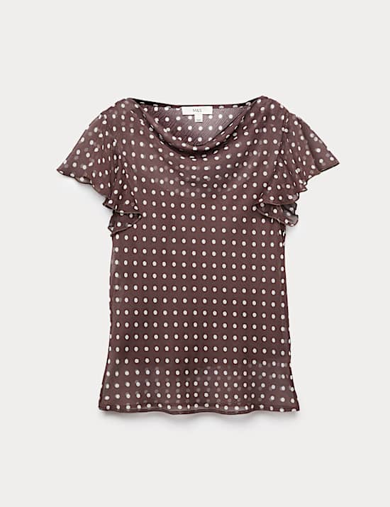 Polka Dot Cowl Neck Frill Sleeve Top