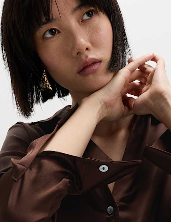 Satin V-Neck Collared Shirt