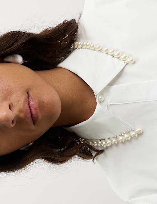 Pure Cotton Beaded Collar Oversized Shirt