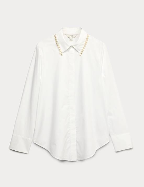 Pure Cotton Beaded Collar Oversized Shirt