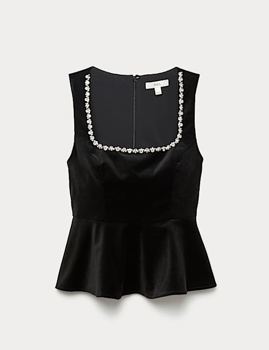 Velvet Embellished Detail Fitted Peplum Top