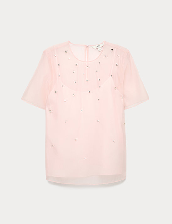 Organzový top zdobený s kulatým výstřihem