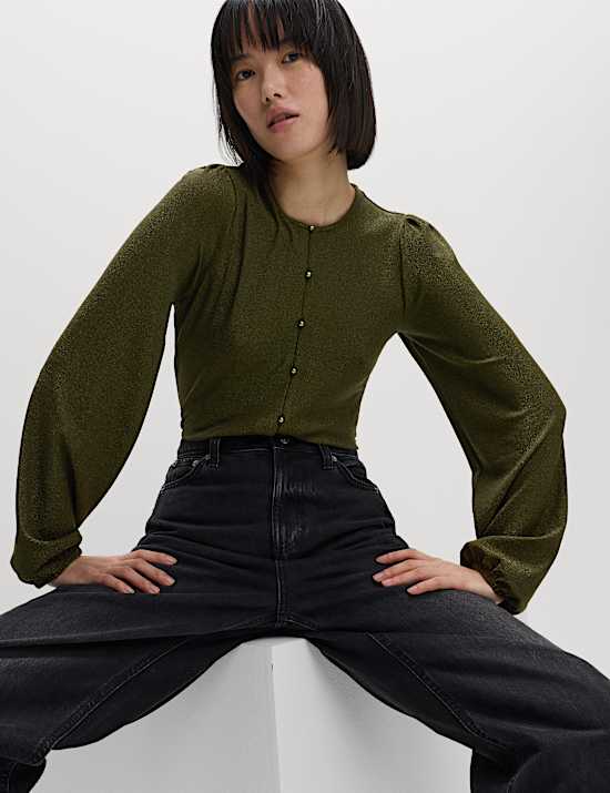 Sparkly Button Through Blouson Sleeve Top